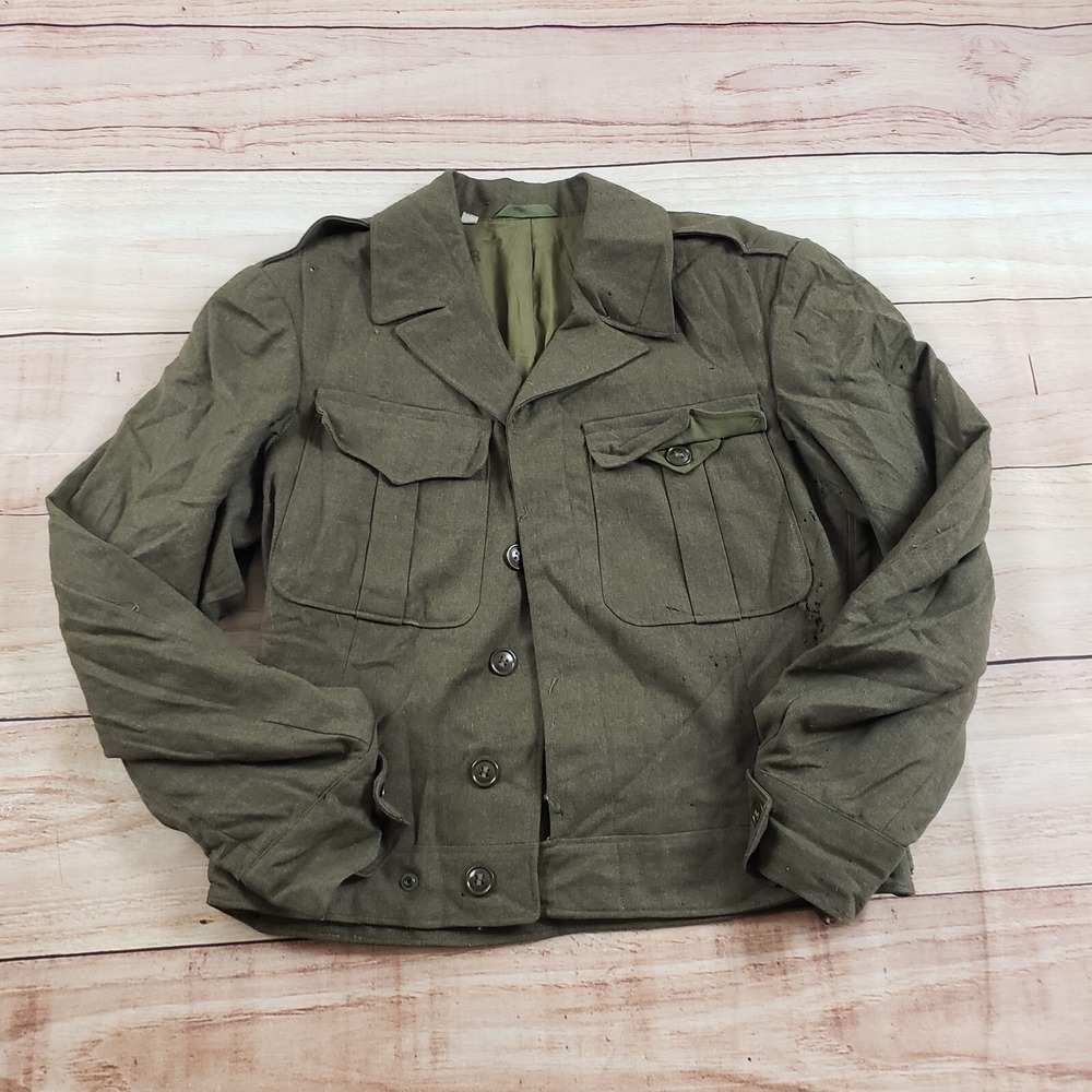 VINTAGE US Military Field Jacket Mens 38R‎ Green Cropped 1940s WWII Era Wool **